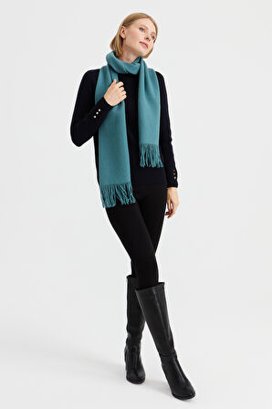 Kadın Triko Tek Renk Püsküllü Yün Kaşkol M.Yeşili