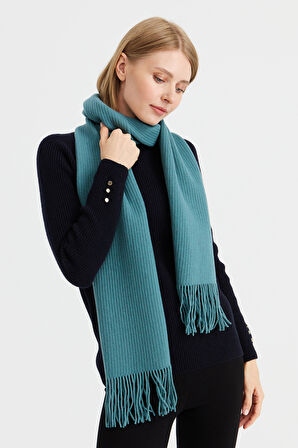 Kadın Triko Tek Renk Püsküllü Yün Kaşkol M.Yeşili