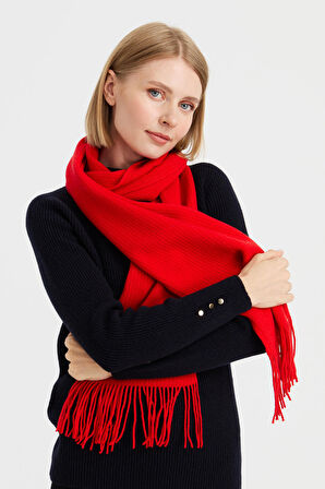 Kadın Triko Tek Renk Püsküllü Yün Kaşkol Mercan