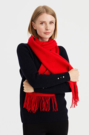 Kadın Triko Tek Renk Püsküllü Yün Kaşkol Mercan