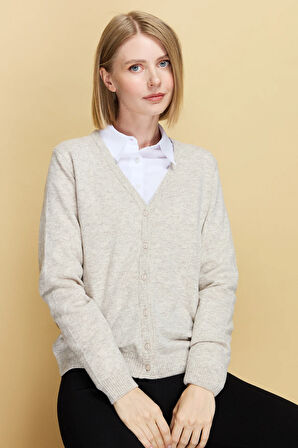 Kadın V Yaka Hırka Yün V.Bej