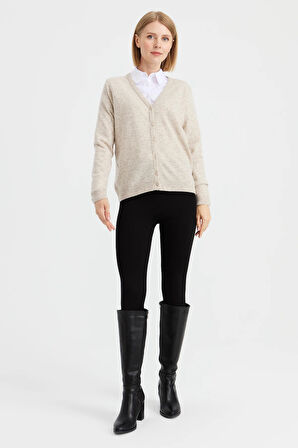 Kadın V Yaka Hırka Yün V.Bej