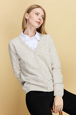 Kadın V Yaka Hırka Yün V.Bej