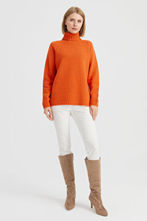 Kadın Tam Balıkçı Yaka Omuzu Saç Örgülü Yün Kazak Portakal