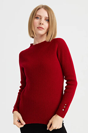 Kadın Sıfır Yaka Kol Ucu Düğmeli Yün Kazak K.Kırmızı