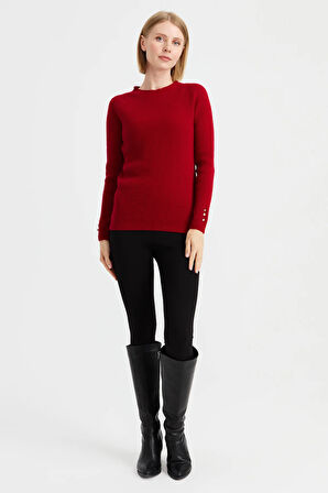 Kadın Sıfır Yaka Kol Ucu Düğmeli Yün Kazak K.Kırmızı