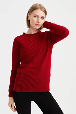 Kadın Sıfır Yaka Kol Ucu Düğmeli Yün Kazak K.Kırmızı