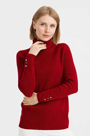 Kadın Tam Balıkçı Yaka Kol Ucu Düğmeli Yün Kazak K.Kırmızı