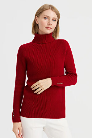 Kadın Tam Balıkçı Yaka Kol Ucu Düğmeli Yün Kazak K.Kırmızı