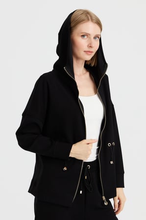 Kadın Kapüşonlu Beli Büzgülü Sweat Siyah