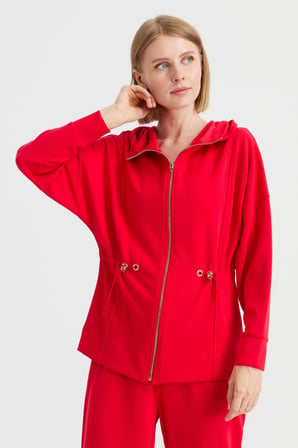 Kadın Kapüşonlu Beli Büzgülü Sweat Kırmızı