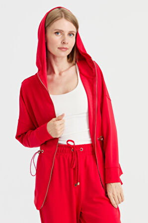 Kadın Kapüşonlu Beli Büzgülü Sweat Kırmızı