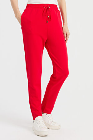 Kadın Beli Bağcıklı Cepli Eşofman Pantolon Kırmızı