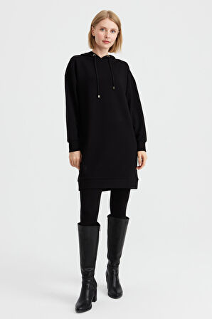 Kadın Kapüşonlu Sweat Elbise Siyah