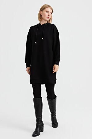 Kadın Kapüşonlu Sweat Elbise Siyah