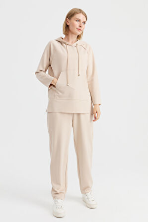 Kadın Kapüşonlu Yanı Çıtçıtlı Cepli Sweat Bej