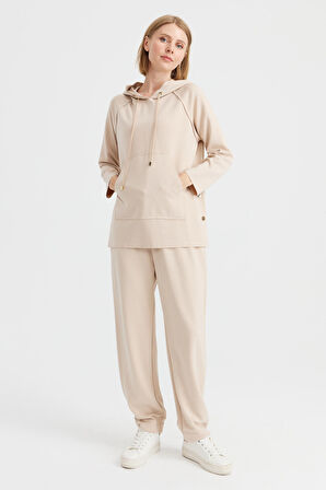 Kadın Kapüşonlu Yanı Çıtçıtlı Cepli Sweat Bej