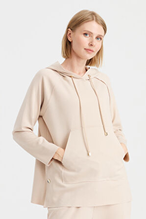 Kadın Kapüşonlu Yanı Çıtçıtlı Cepli Sweat Bej