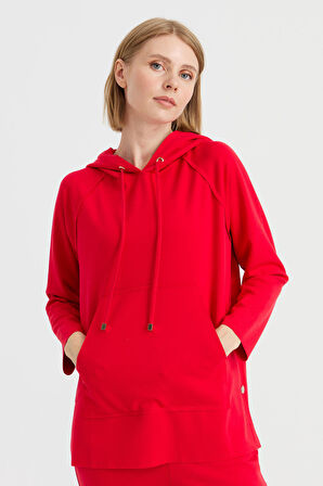 Kadın Kapüşonlu Yanı Çıtçıtlı Cepli Sweat Kırmızı