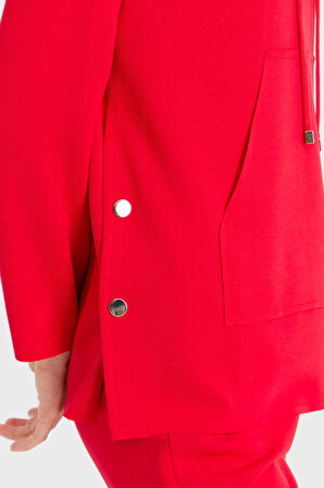 Kadın Kapüşonlu Yanı Çıtçıtlı Cepli Sweat Kırmızı