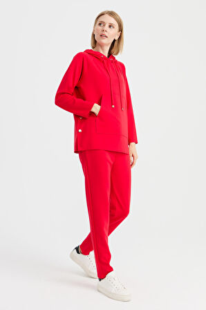 Kadın Kapüşonlu Yanı Çıtçıtlı Cepli Sweat Kırmızı