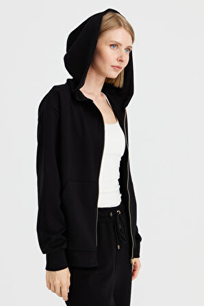 Kadın Kapüşonlu Fileli Yan Cepli Sweat Siyah