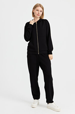 Kadın Kapüşonlu Fileli Yan Cepli Sweat Siyah
