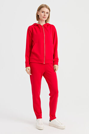 Kadın Kapüşonlu Fileli Yan Cepli Sweat Kırmızı