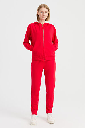 Kadın Kapüşonlu Fileli Yan Cepli Sweat Kırmızı