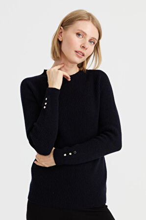 Kadın Sıfır Yaka Kol Ucu Düğmeli Yün Kazak K.Lacivert