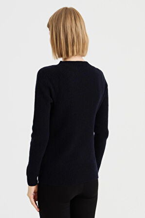 Kadın Sıfır Yaka Kol Ucu Düğmeli Yün Kazak K.Lacivert