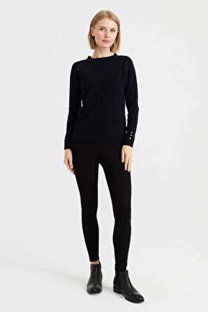 Kadın Sıfır Yaka Kol Ucu Düğmeli Yün Kazak K.Lacivert