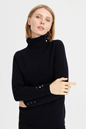 Kadın Tam Balıkçı Yaka Kol Ucu Düğmeli Yün Kazak K.Lacivert