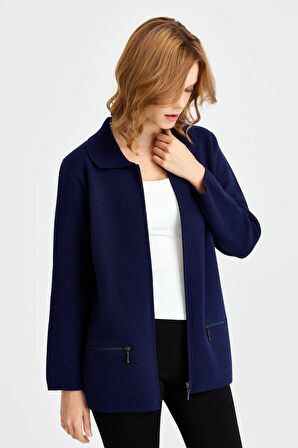 Kadın Polo Yaka Cebi Fermuarlı Yün Hırka Y.A Lacivert