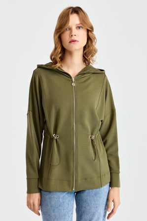 Kadın Kapüşonlu Beli Büzgülü Sweat Haki