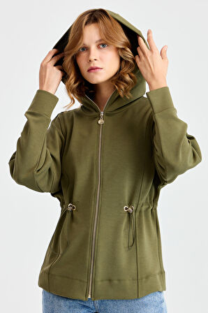 Kadın Kapüşonlu Beli Büzgülü Sweat Haki