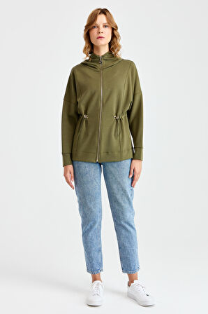 Kadın Kapüşonlu Beli Büzgülü Sweat Haki