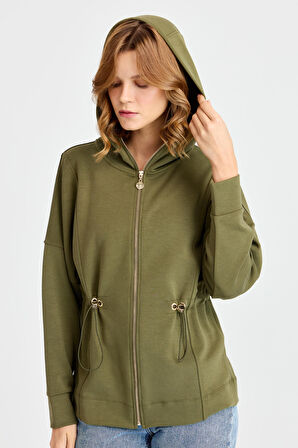 Kadın Kapüşonlu Beli Büzgülü Sweat Haki