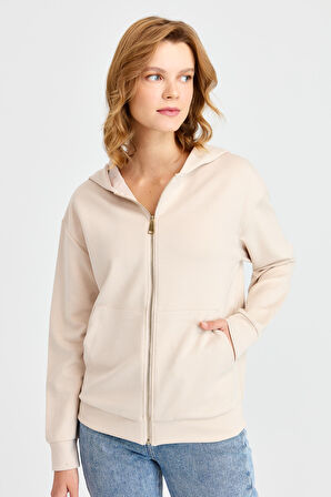Kadın Kapüşonlu Fileli Yan Cepli Sweat Bej