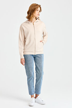 Kadın Kapüşonlu Fileli Yan Cepli Sweat Bej
