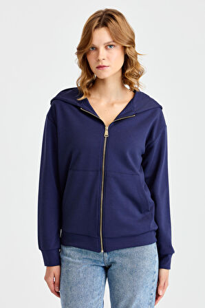 Kadın Kapüşonlu Fileli Yan Cepli Sweat Lacivert