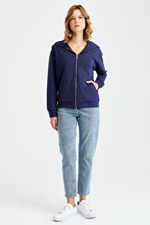 Kadın Kapüşonlu Fileli Yan Cepli Sweat Lacivert