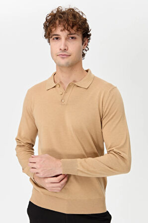 Erkek Basic Polo Yaka İnce Triko Kazak S.Kahve