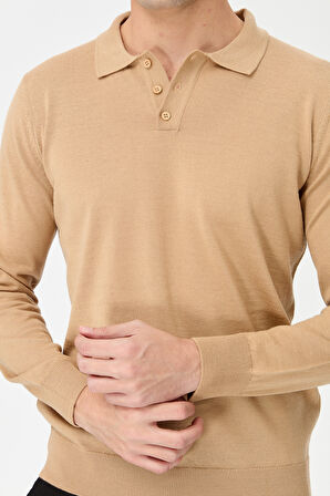 Erkek Basic Polo Yaka İnce Triko Kazak S.Kahve