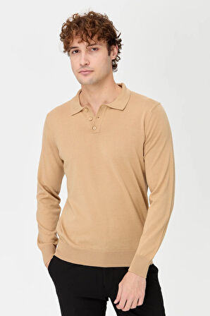Erkek Basic Polo Yaka İnce Triko Kazak S.Kahve