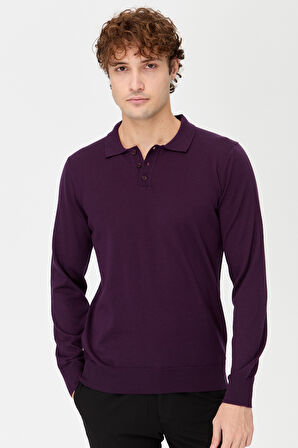 Erkek Basic Polo Yaka İnce Triko Kazak K.Mor