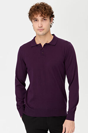 Erkek Basic Polo Yaka İnce Triko Kazak K.Mor