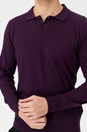 Erkek Basic Polo Yaka İnce Triko Kazak K.Mor