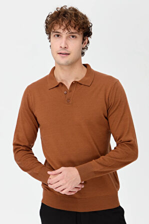 Erkek Basic Polo Yaka İnce Triko Kazak K.taba