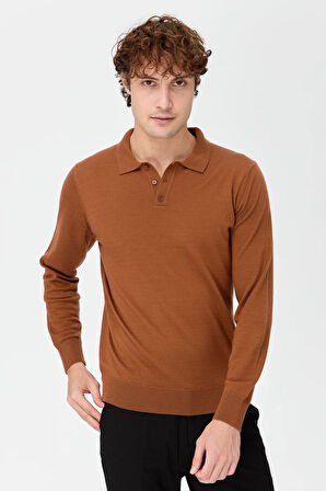 Erkek Basic Polo Yaka İnce Triko Kazak K.taba